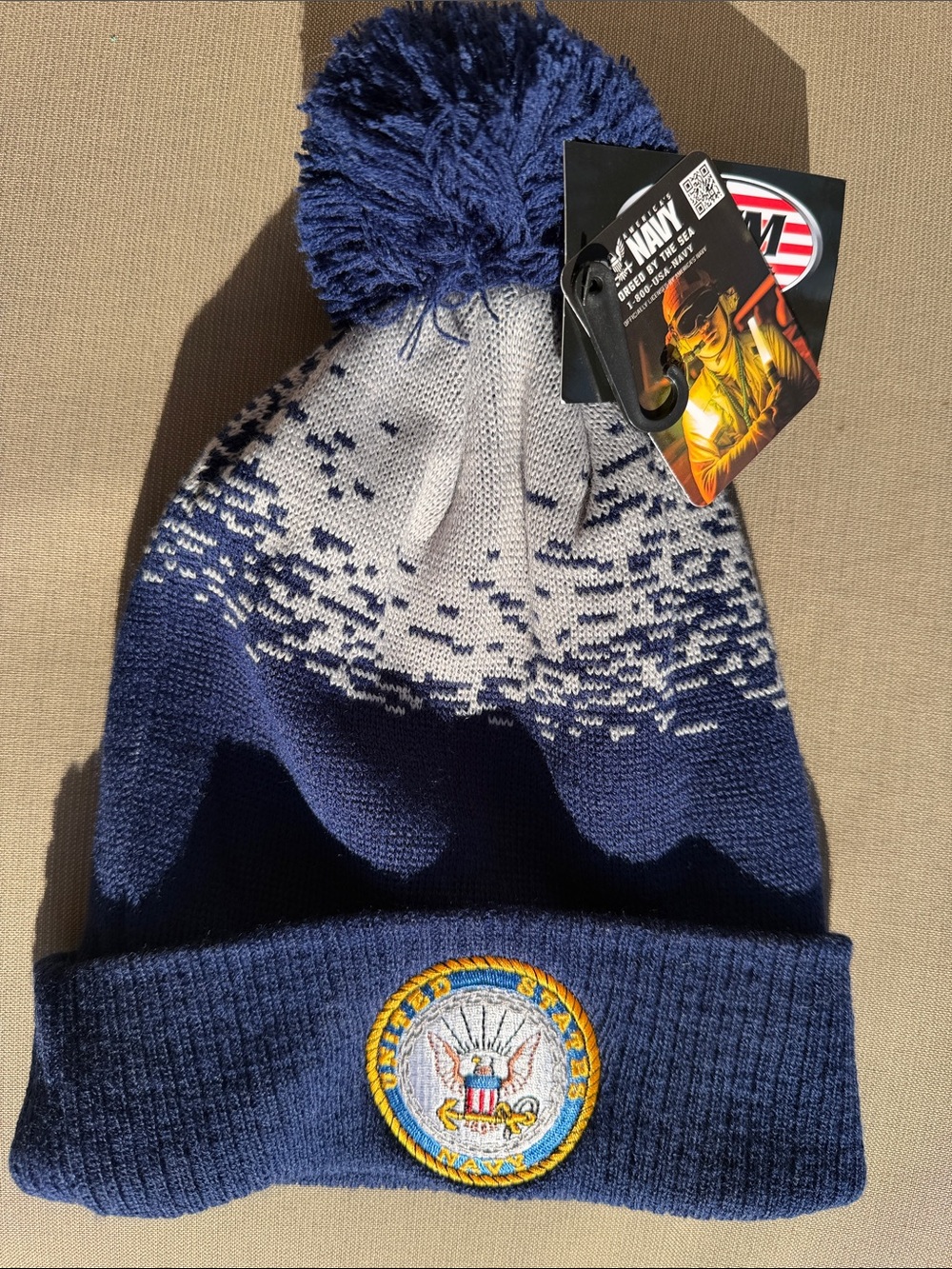 Navy Blue Pom-Pom Knit Beanie with U.S. Navy Patch